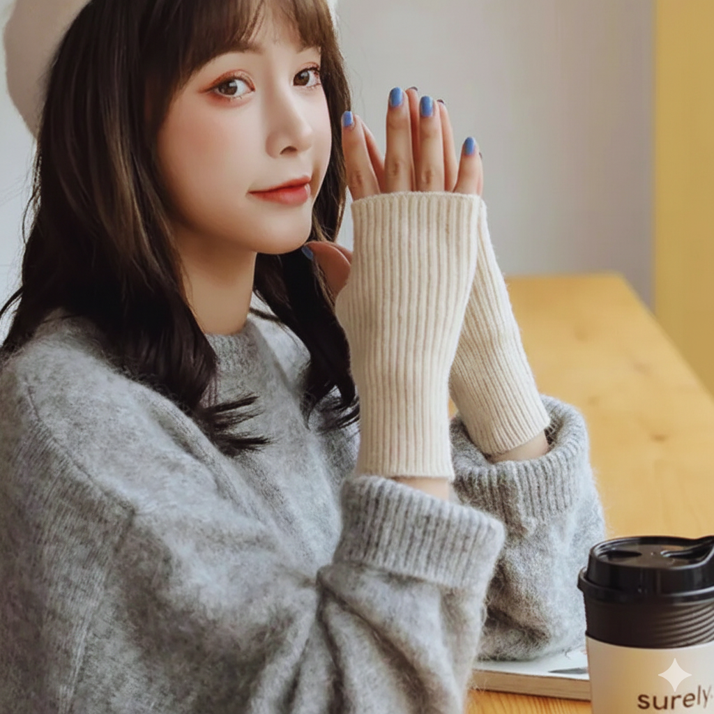 Femme portant des gants demi-doigt en laine beige pour l’hiver