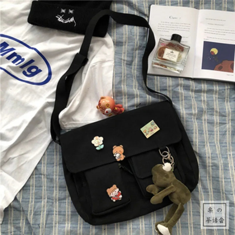 sac bandoulière noir style japonais Harajuku avec patch IKIGAI