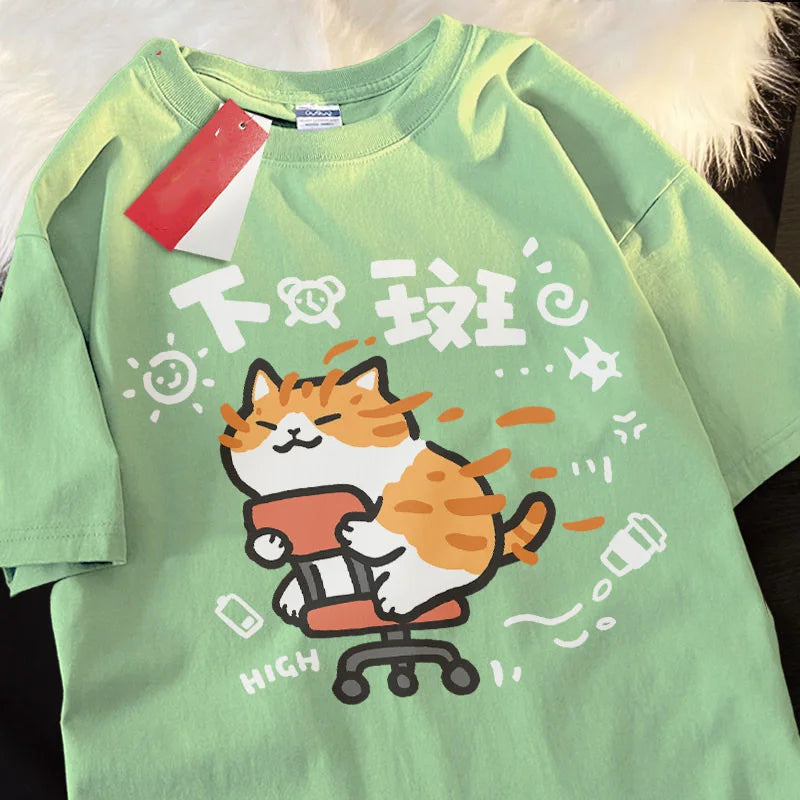 T-shirt vert été avec imprimé chat drôle, mode coréenne streetwear