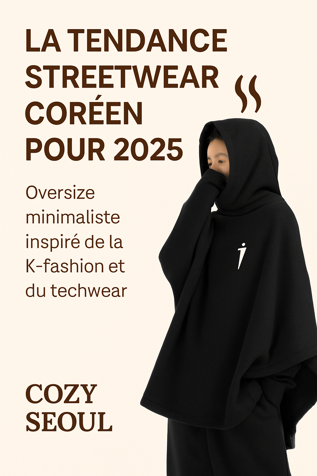 Mode streetwear coréenne 2025 poncho oversize noir techwear minimaliste Cozy Seoul inspiration K-fashion