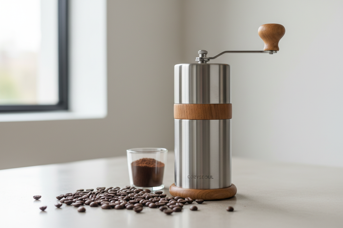 Moulin à café manuel Cozyseoul en inox et bois avec grains de café frais.