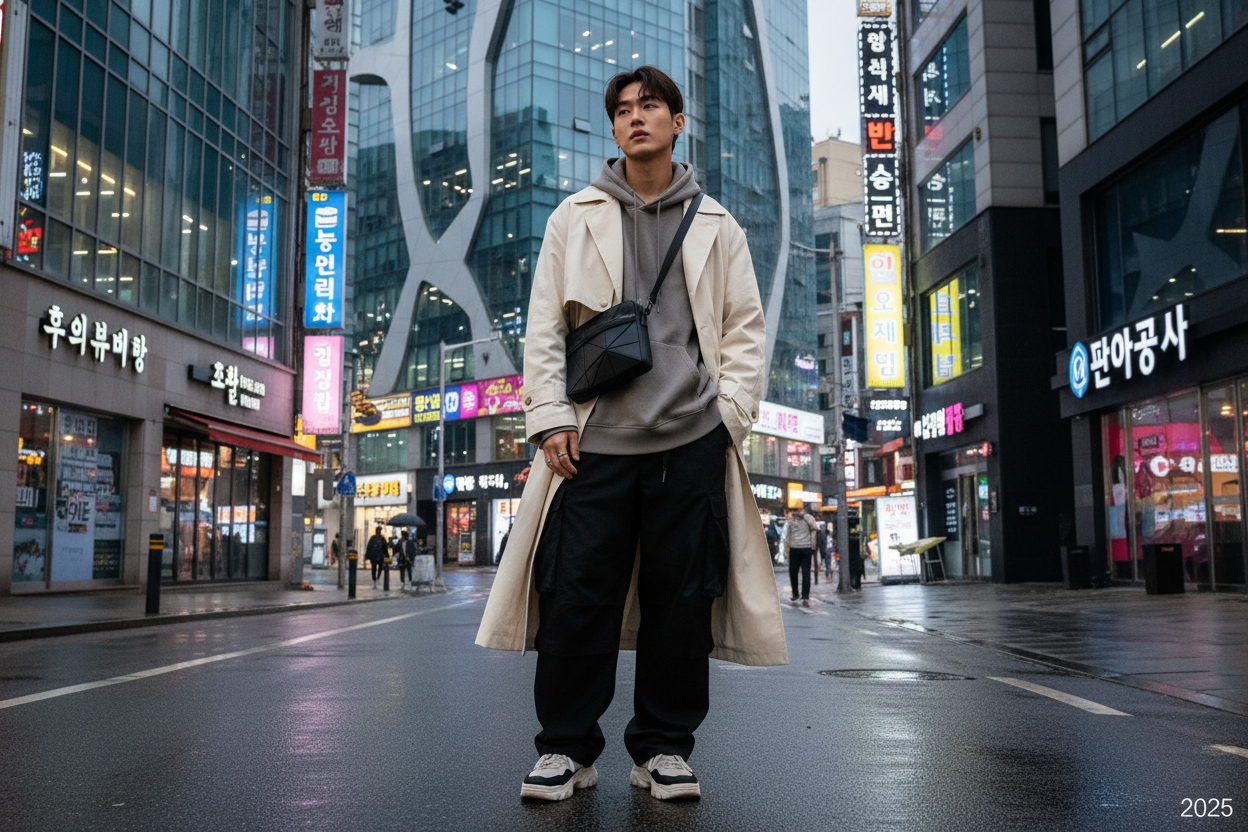 Bannière Mode Homme K-Fashion et Streetwear coréen inspirée de Séoul, style oversize tendance 2025