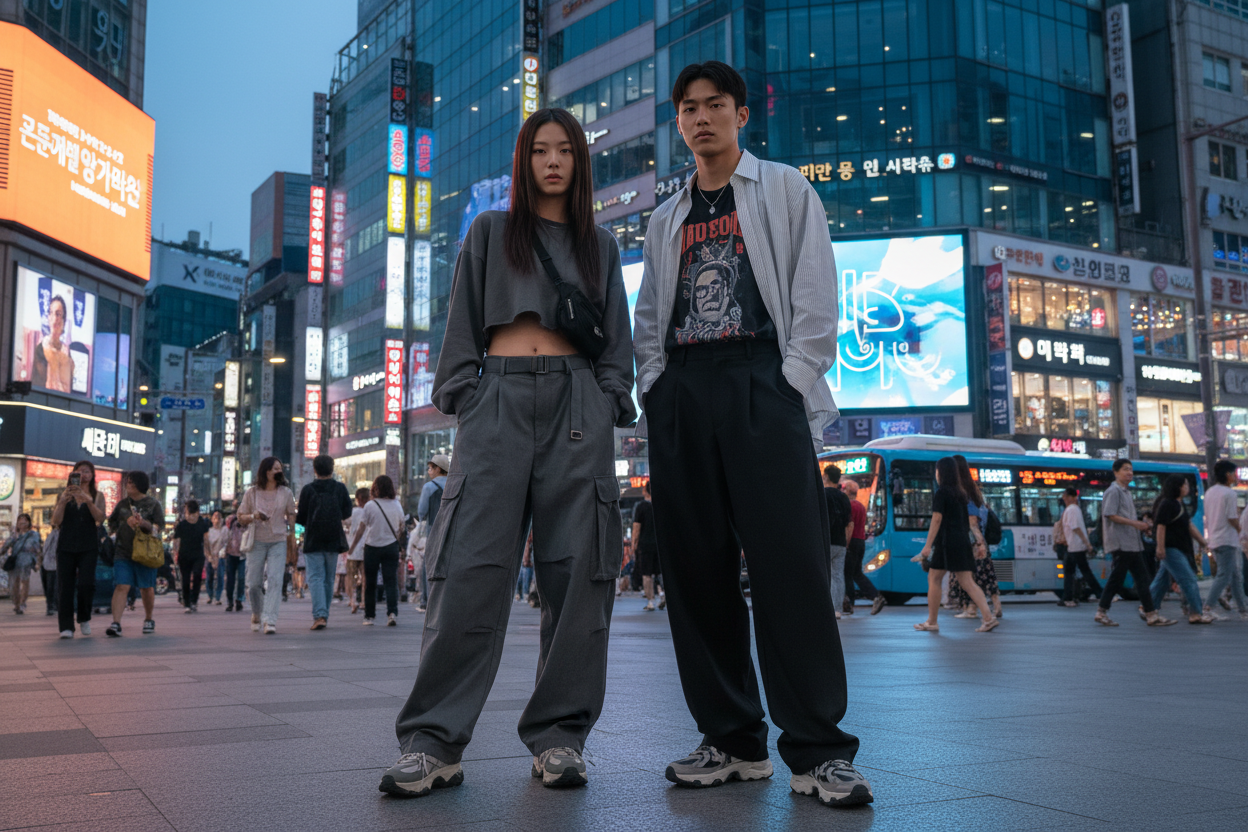 Bannière Pantalons et Bas oversize streetwear coréens, style urbain inspiré de Séoul