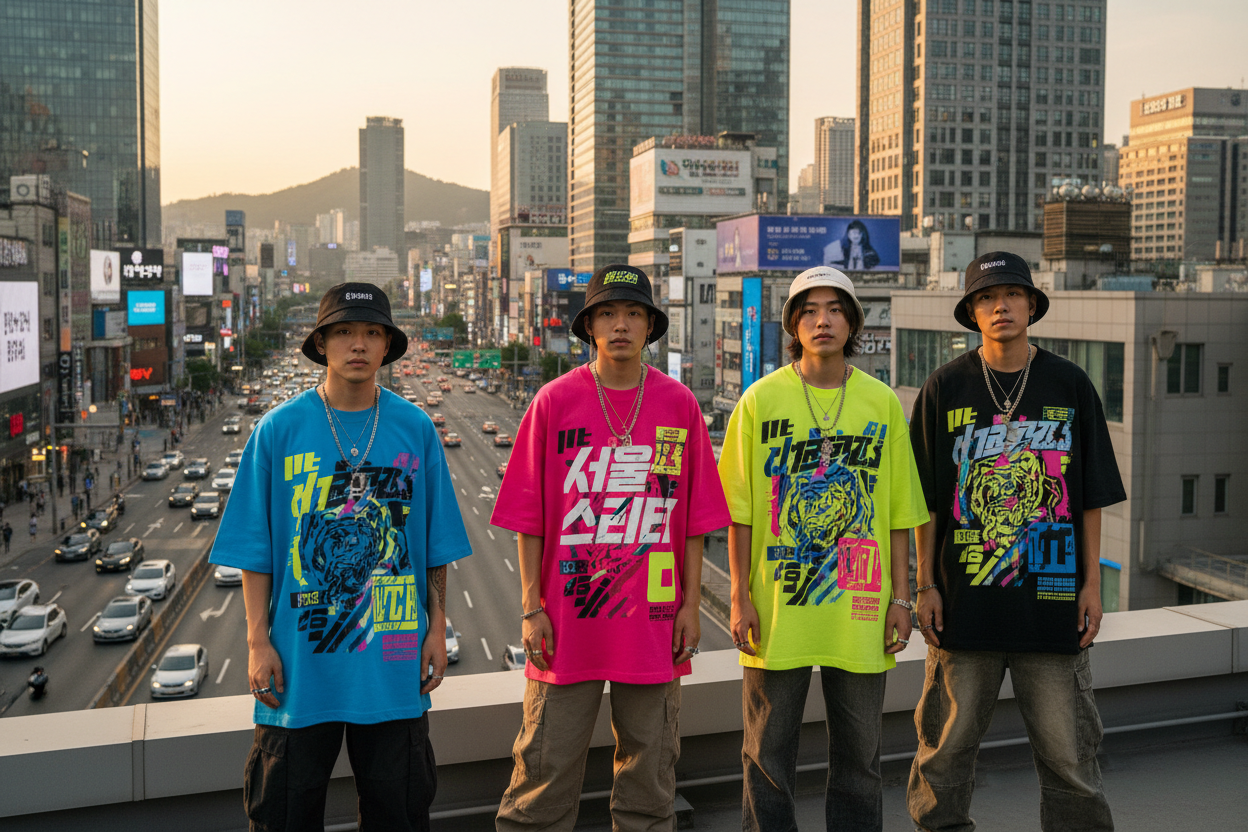 Bannière T-shirts et Tops streetwear coréens, style oversize inspiré de Séoul