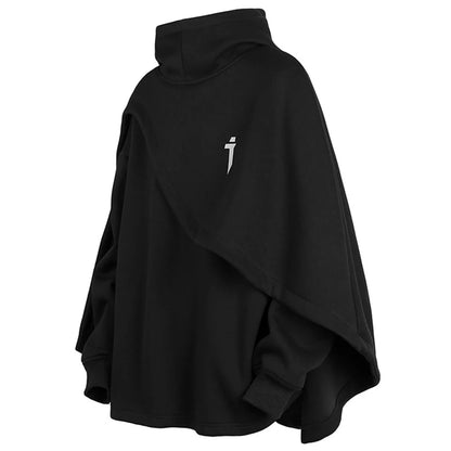 Cape oversize noire ARENS techwear avec col haut, poncho minimaliste darkwear futuriste
