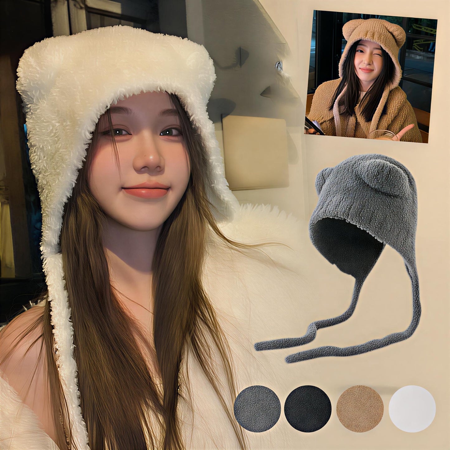Femme portant un bonnet d’hiver beige en peluche avec oreilles d’ours
