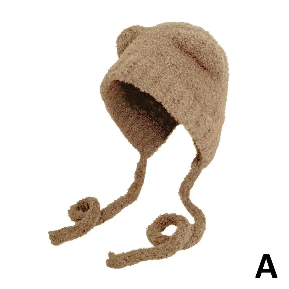 Bonnet ours en peluche beige avec oreilles et lacets, chapeau d’hiver chaud pour femme
