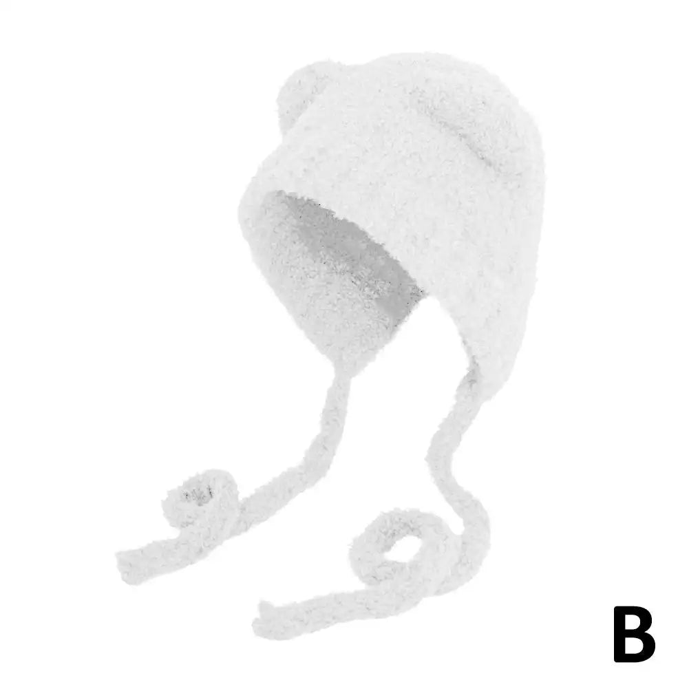 Bonnet ours blanc en laine avec oreilles d’ours et ficelle, chapeau d’hiver confortable
