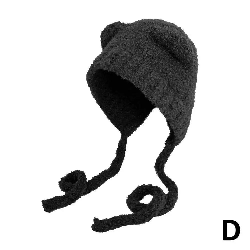 Bonnet ours noir en peluche avec oreilles pour femme, accessoire hiver style coréen
