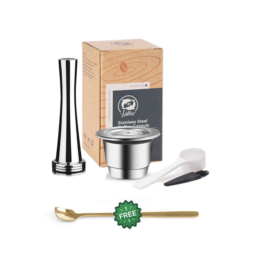 Capsule café réutilisable en acier inoxydable de qualité supérieure avec accessoires de nettoyage et cuillère dorée offerte.