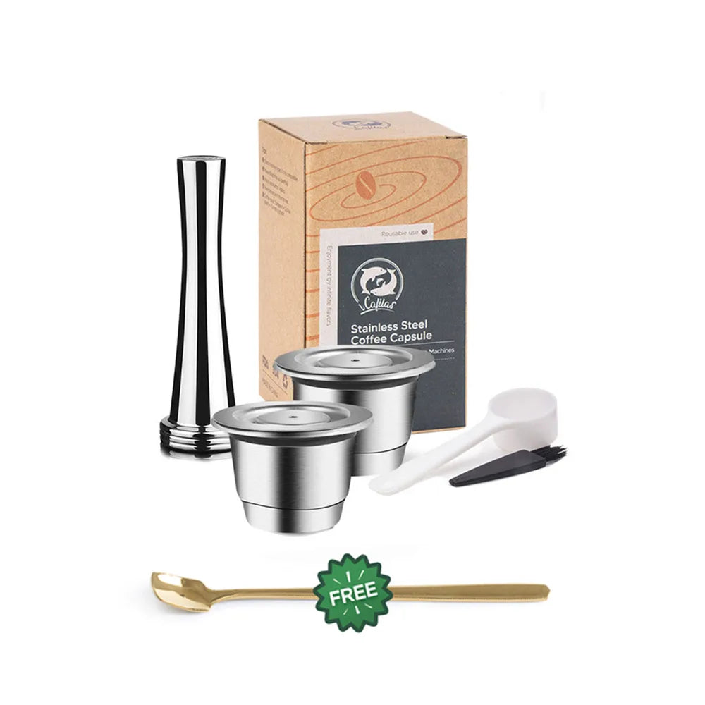 Kit capsule rechargeable inox avec cuillère doseuse et brosse de nettoyage.
