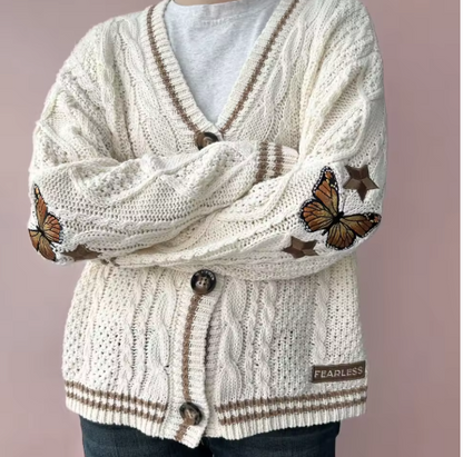 Cardigan crème tricoté avec feuilles d’érable, col V, simple boutonnage, mode coréenne
