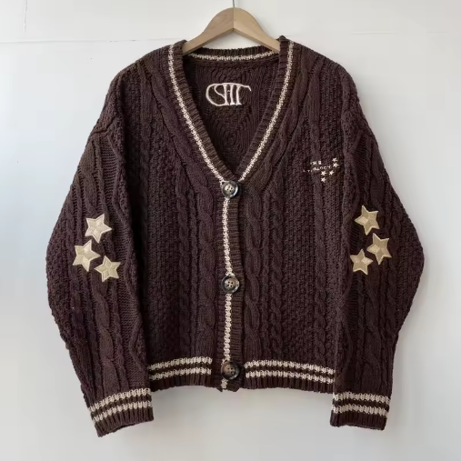 Cardigan tricoté marron motifs feuilles d’érable pour femme, col V, style Y2K automne hiver
