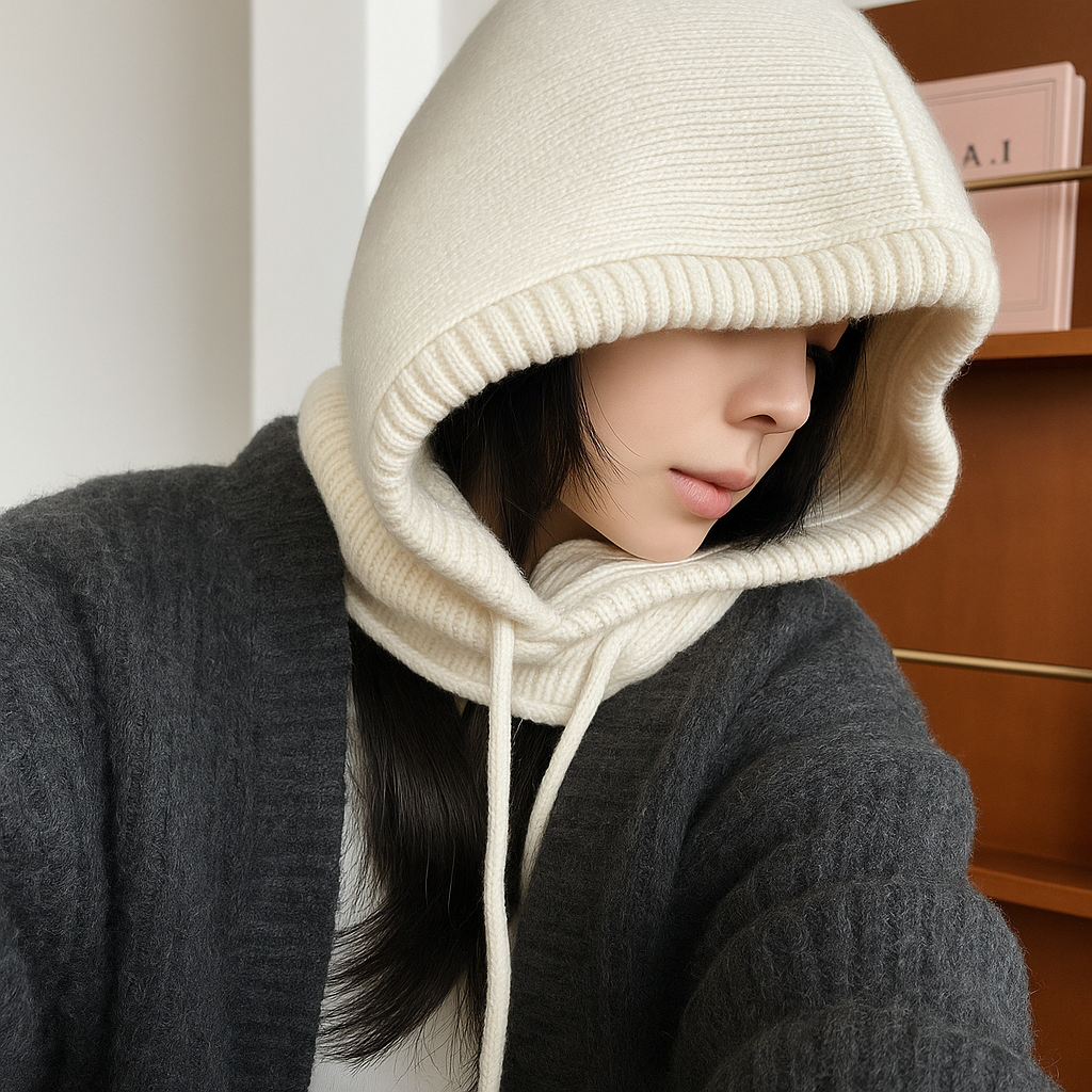 Casquette à capuche tricotée beige pour femme, bonnet chaud style coréen hiver
