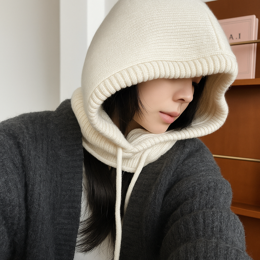 Casquette à capuche tricotée beige pour femme, bonnet chaud style coréen hiver
