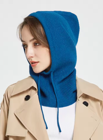 Casquette à capuche tricotée bleue pour femme, mode coréenne streetwear hiver
