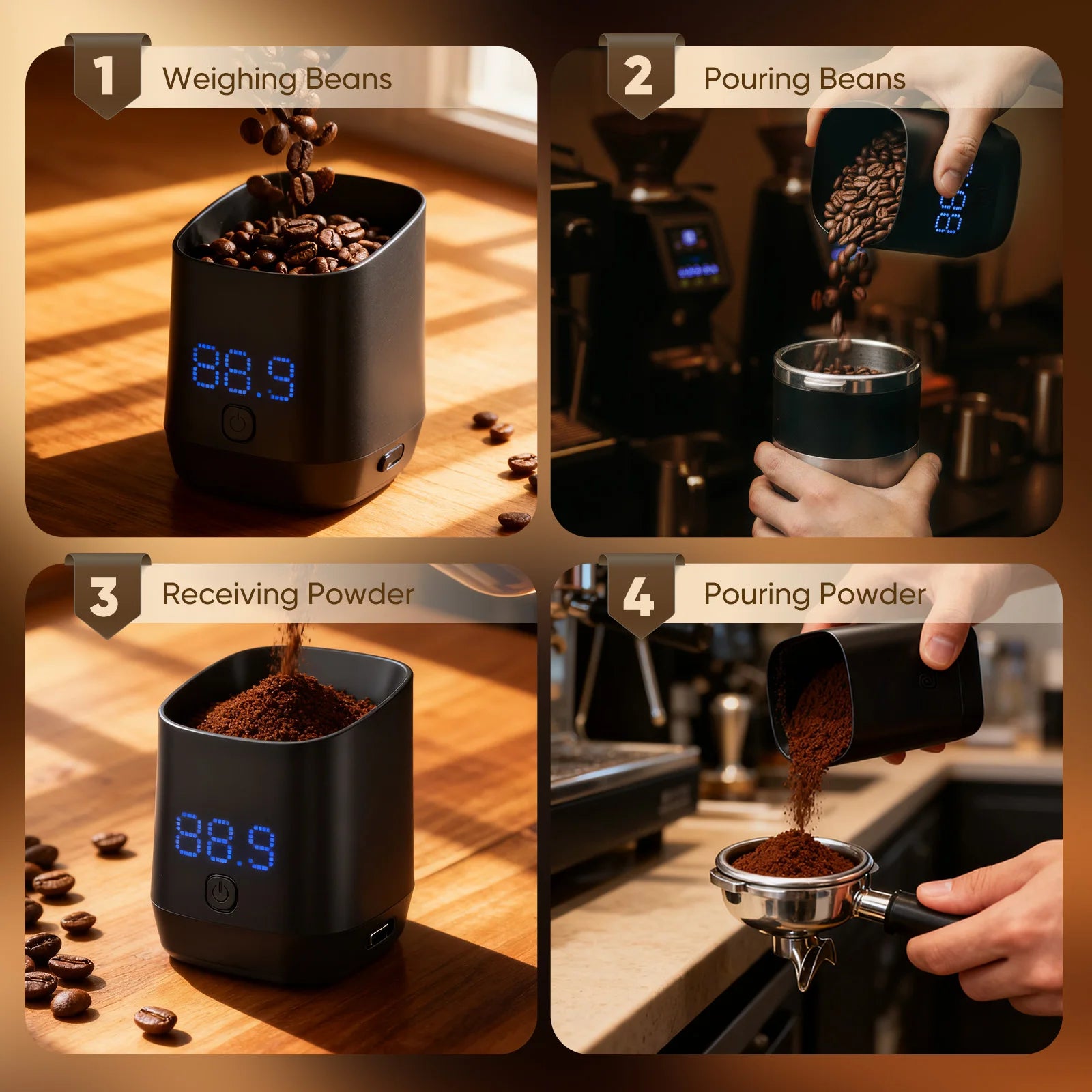 Infographie montrant les 4 étapes : peser, verser les grains, recevoir la poudre.