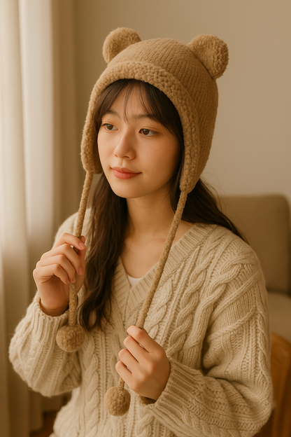 Femme portant un bonnet ours en peluche chaud, style coréen hiver