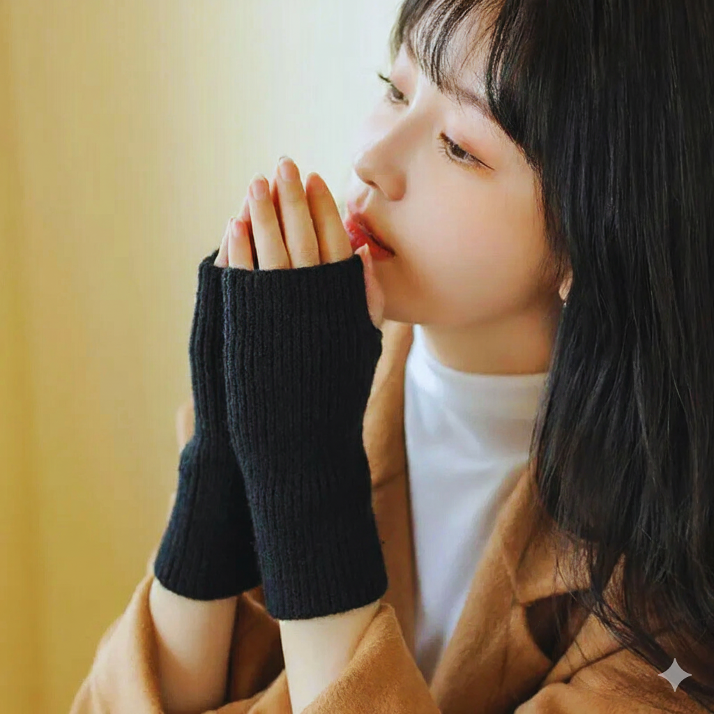 Gants demi-doigt en laine noir pour femme en hiver
