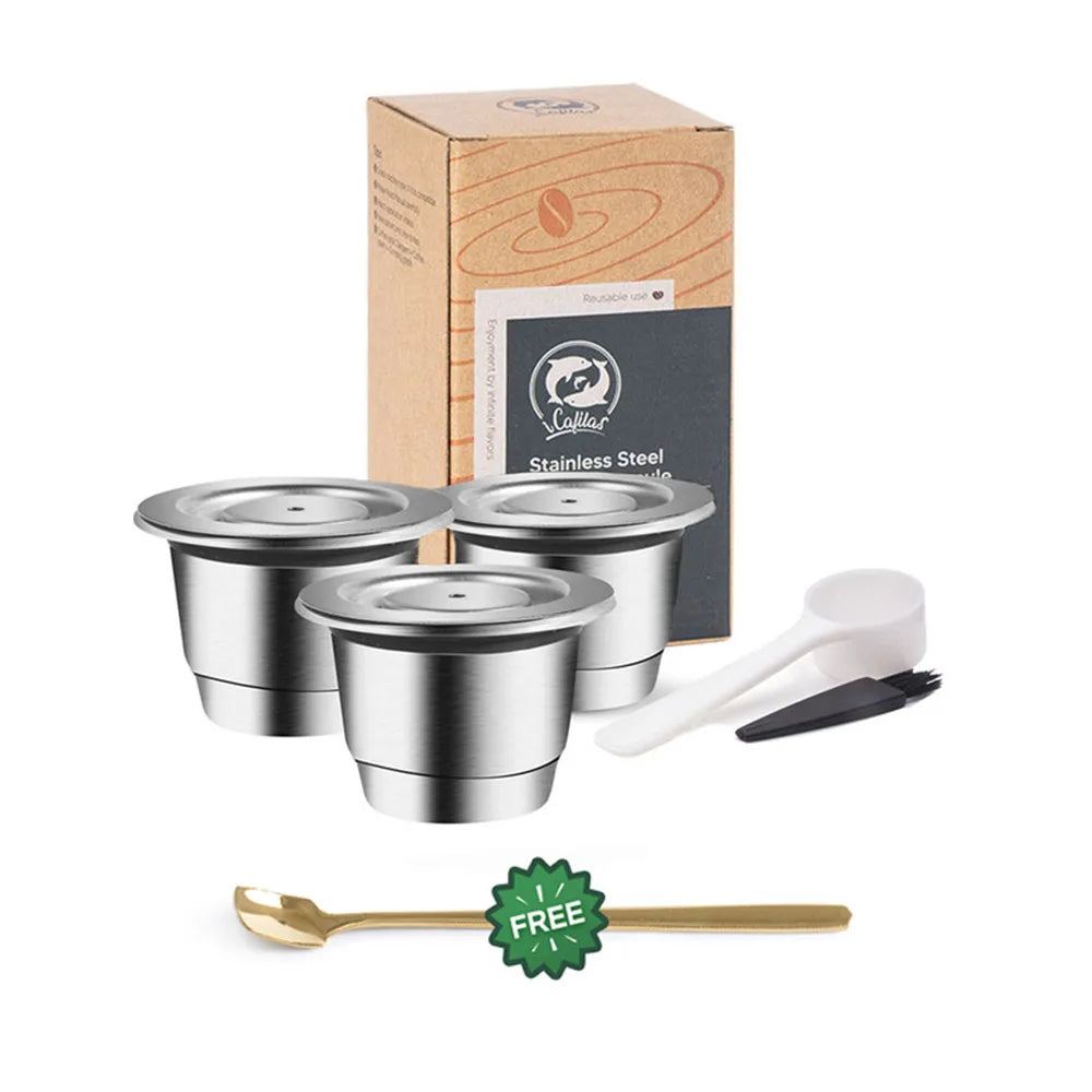 Pack de 3 capsules café réutilisables en acier inoxydable pour machine Nespresso.