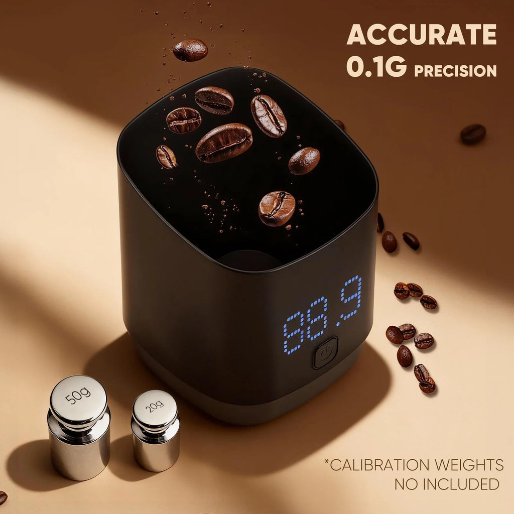 Détail de la précision de pesage à 0,1g pour un dosage barista parfait.