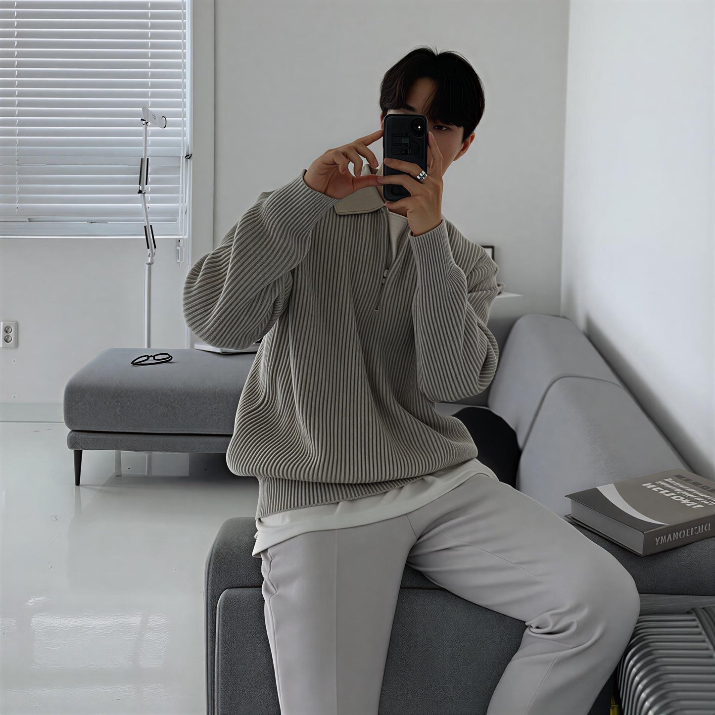 pull Harajuku homme col rabattu gris clair mode coréenne minimaliste