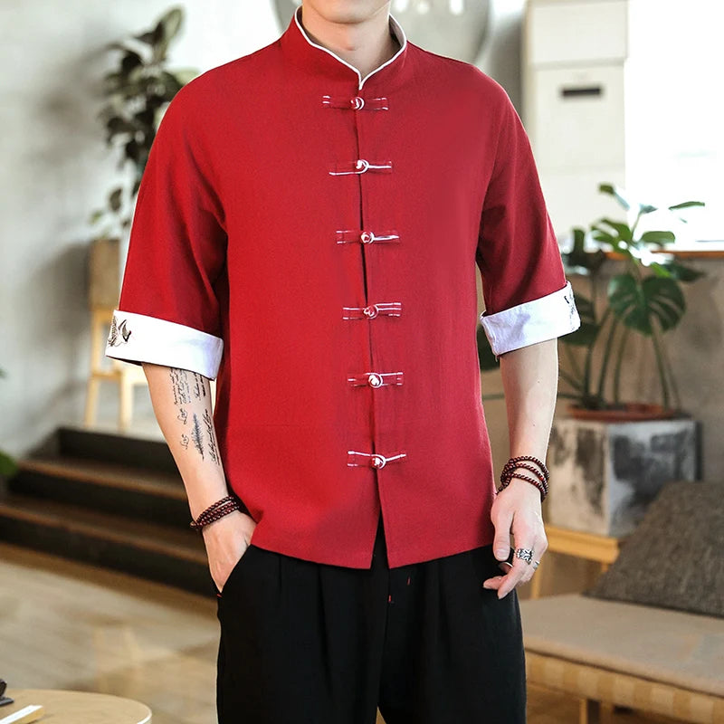 Chemise vintage chinoise rouge avec broderie de grue – style mandarin