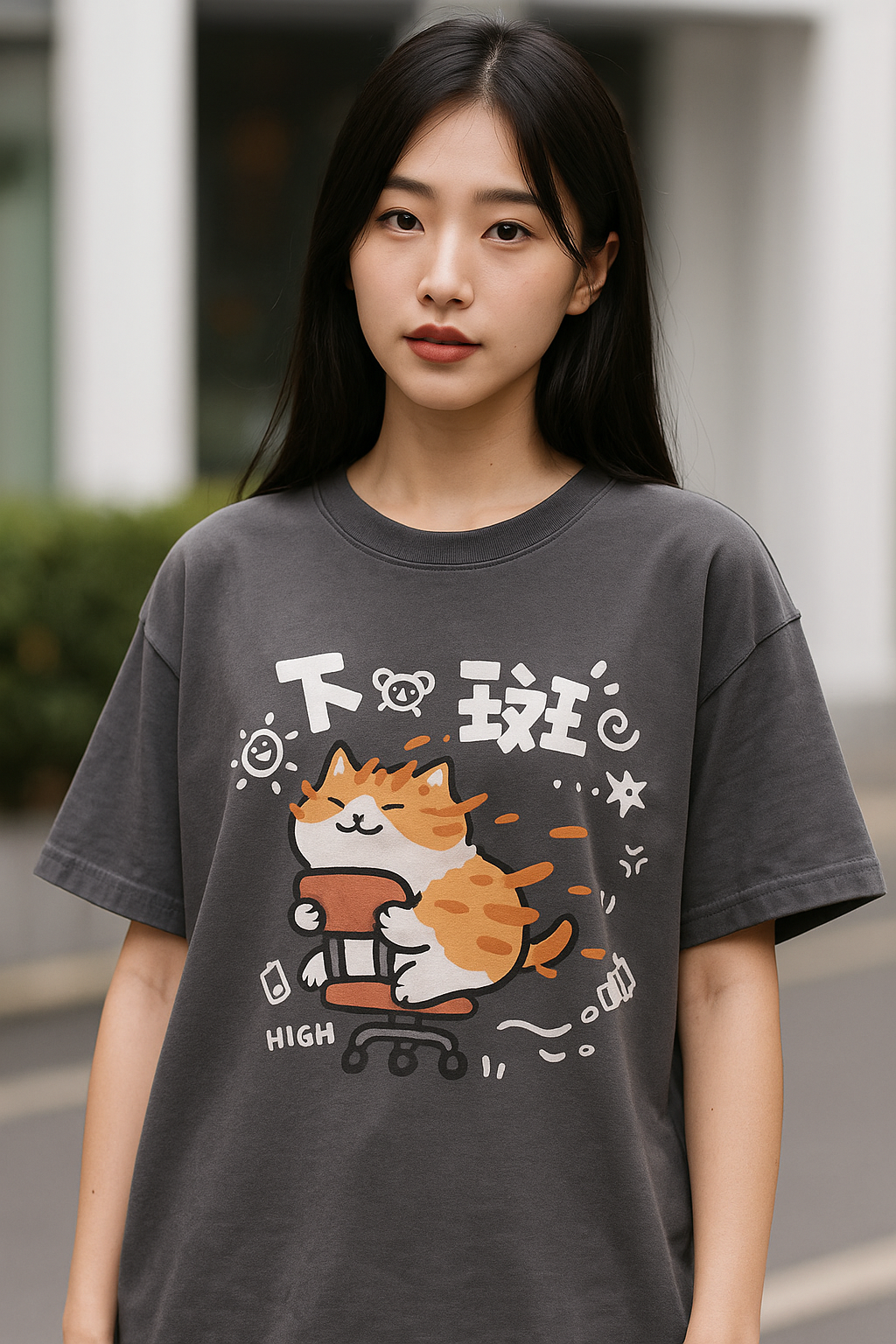 Femme portant un t-shirt gris imprimé chat vintage, style coréen streetwear
