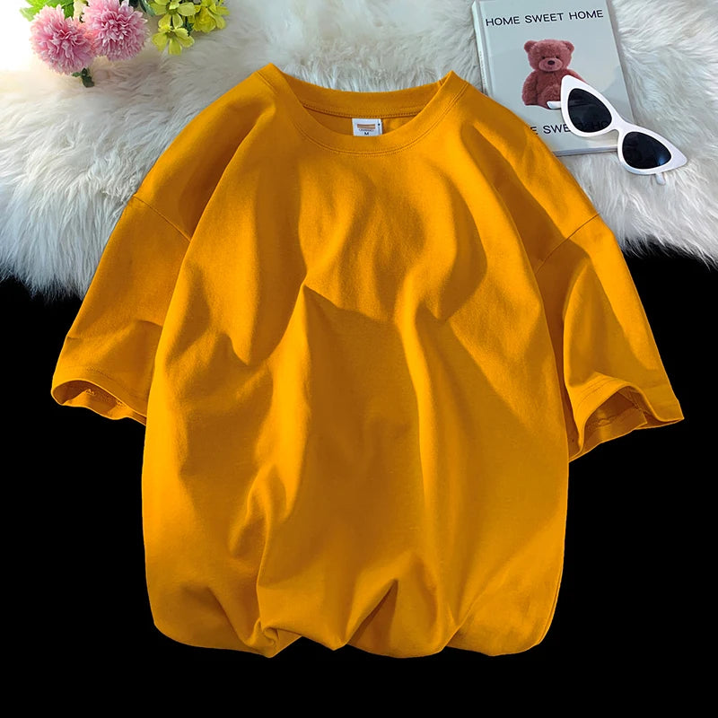 T-shirt homme en coton col rond coupe oversize streetwear hip hop couleur unie