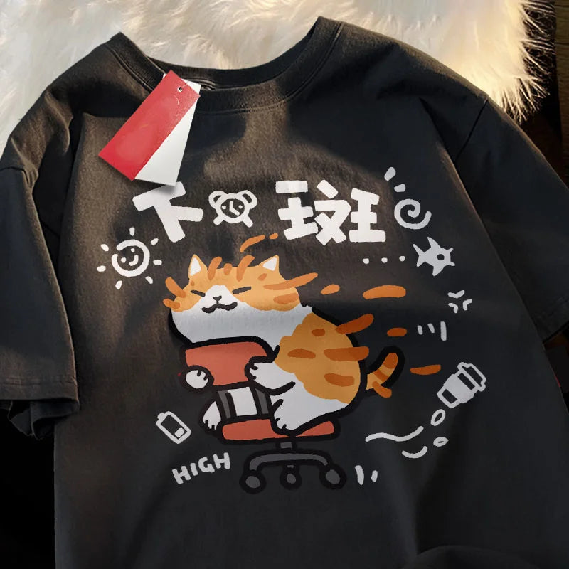 T-shirt noir imprimé chat cartoon humoristique, style coréen tendance
