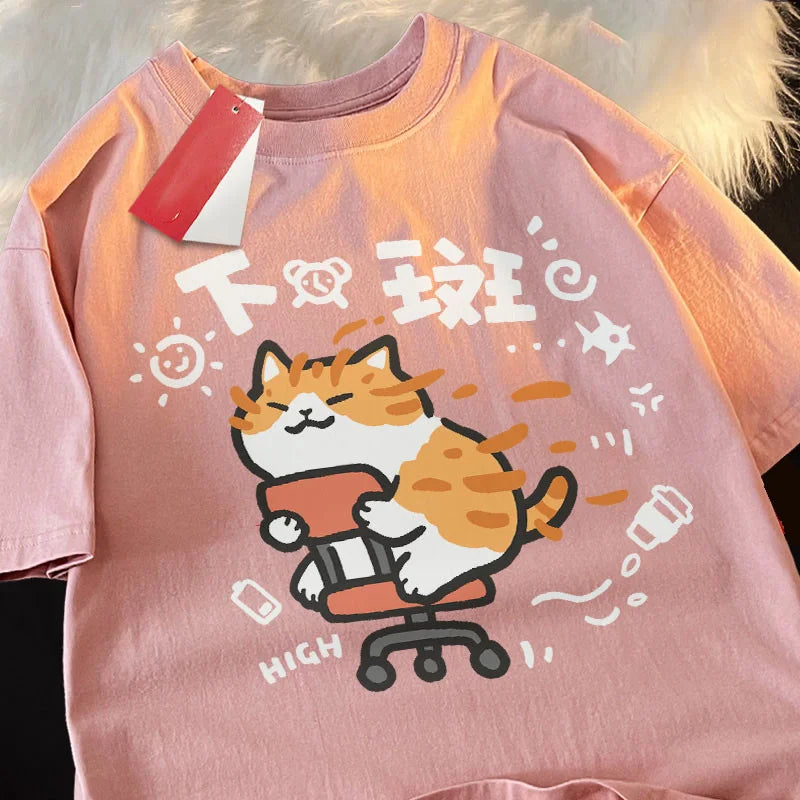 T-shirt rose avec chat kawaii imprimé, style INS coréen pour l’été
