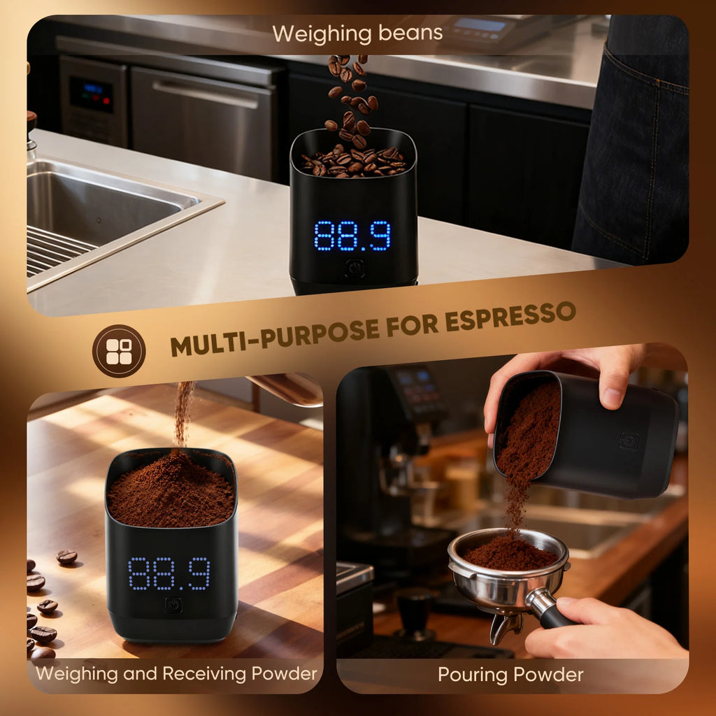 Démonstration de l'utilisation de la balance compacte pour doser le café.