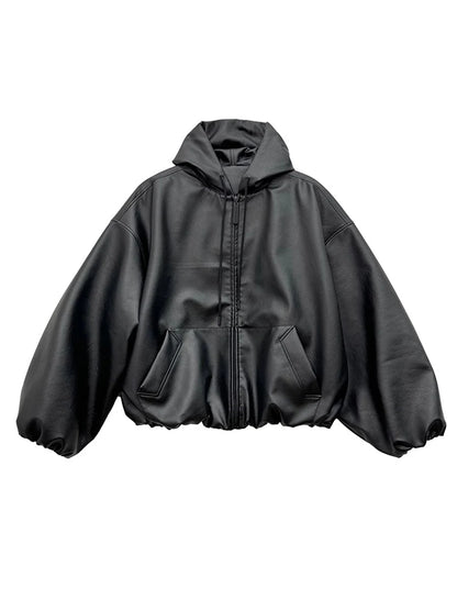 dos d’un homme portant une veste en cuir PU noir avec capuche style k-fashion surdimensionnée