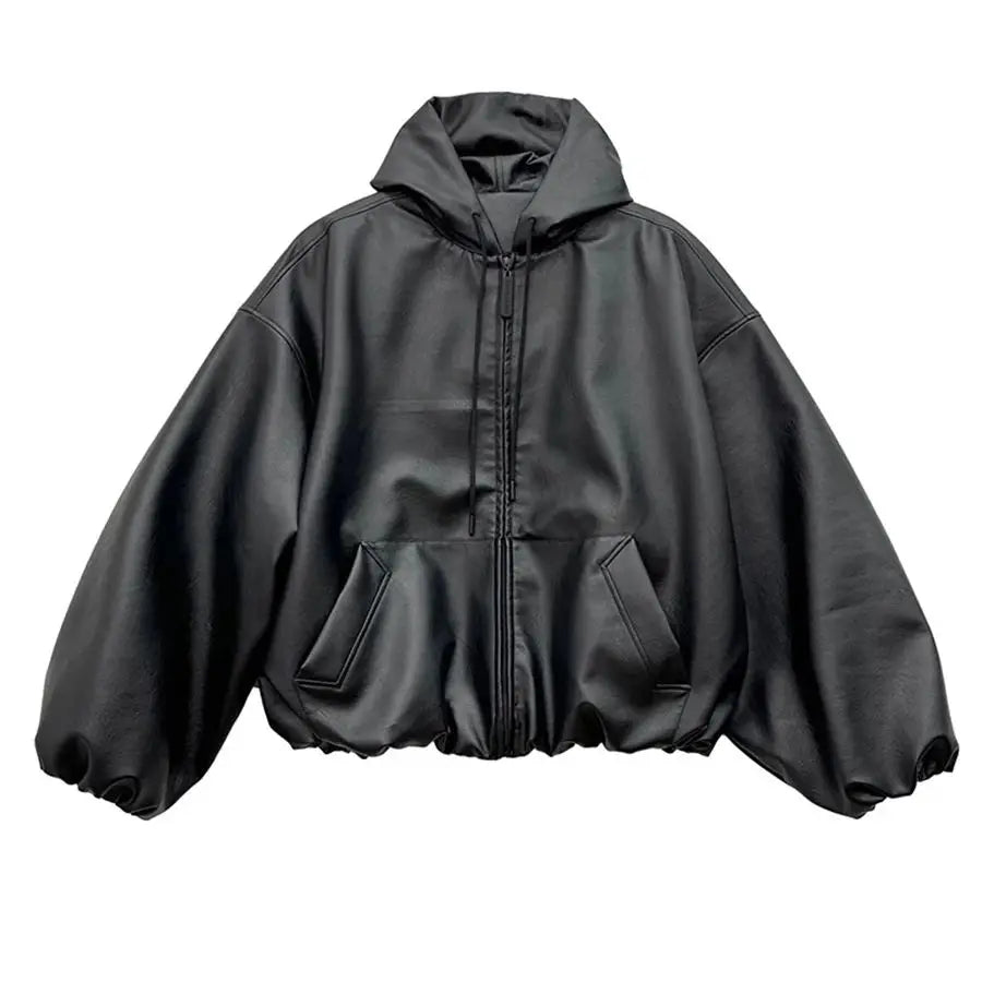 veste en cuir PU noir coupe large et ample posée à plat