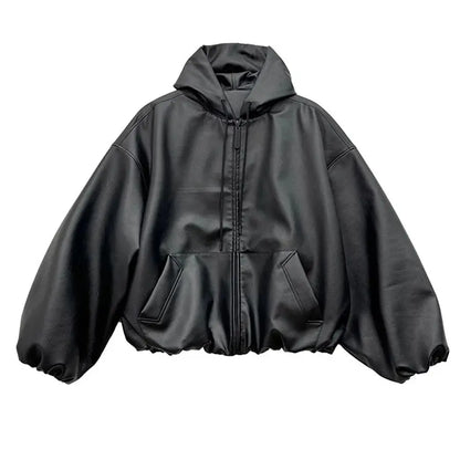 veste en cuir PU noir coupe large et ample posée à plat