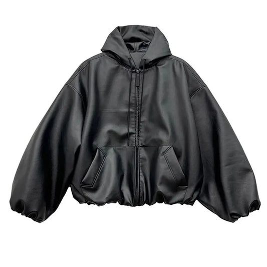 veste en cuir PU noir coupe large et ample posée à plat